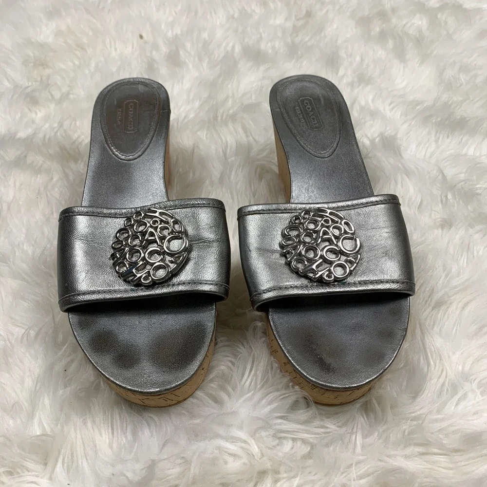 Coach Judith Silver Open Toe Wedge Sandals Size 10 Cork Heel